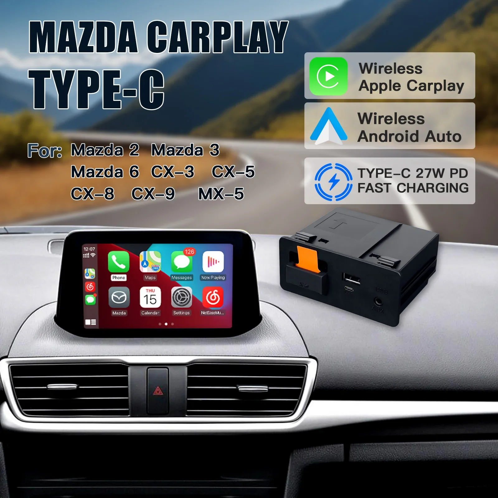 Wireless Carplay Android Auto Box For Mazda 2 3 6 CX3 CX5 CX8 CX9 FIAT124 Miata With USB Type-c TK78669U0C Adapter