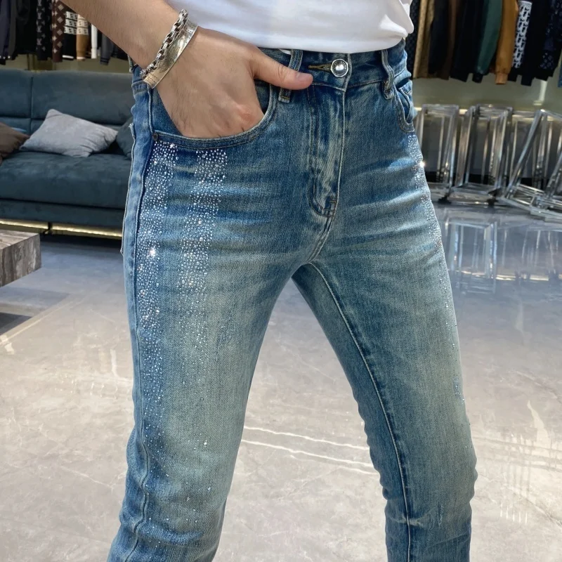

Новые модные индивидуальные узкие брюки со стразами, джинсы, мужские облегающие эластичные утягивающие модные узкие брюки, мужская одежда 2025