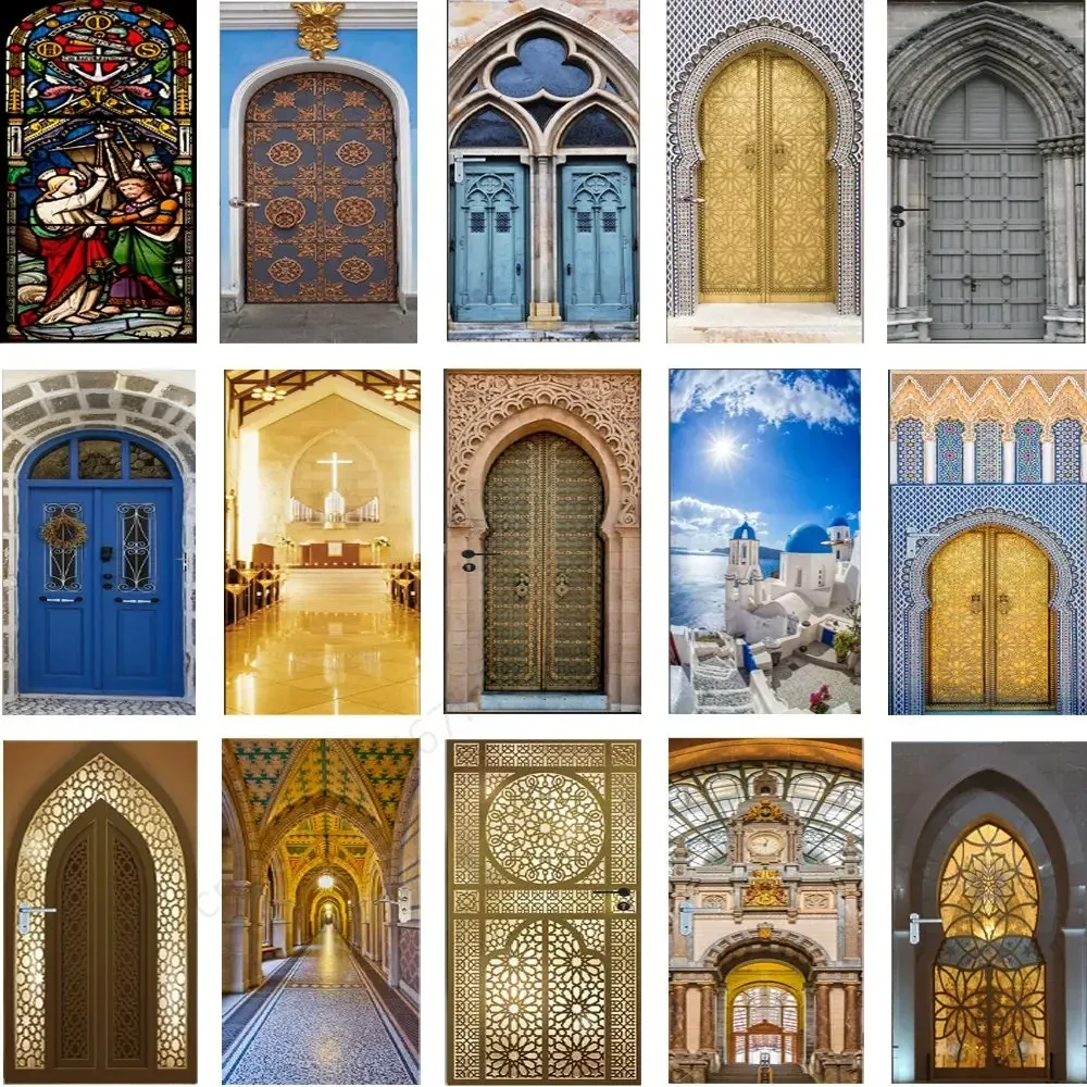 

3D Vintage European Door Sticker Waterproof Self-Adhesive Moroccan Church Architecture Door Mural Wallpaper for Home Room Decor