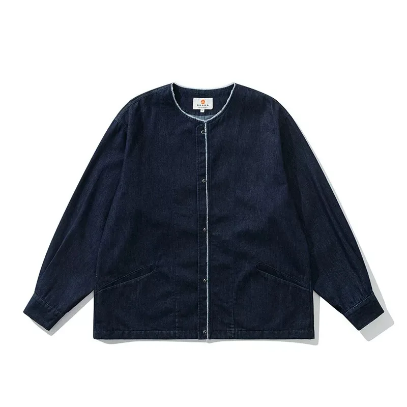 Spring and Autumn Japanese Retro Ethnic Style Denim Collarless Jacket for Men and Women Loose Casual Round Neck Coats