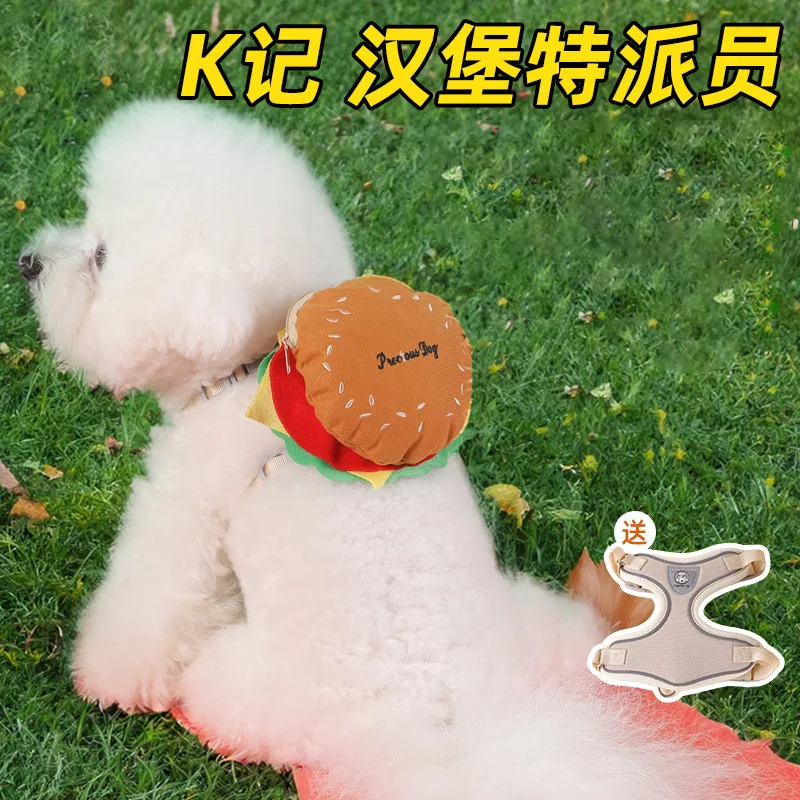 Mochila Arnés para Mascotas con Diseño de Hamburguesa, Bolsillo para Snacks y Correa Ajustable para Perros Pequeños y Medianos, Gatos, Paseos al Aire Libre
