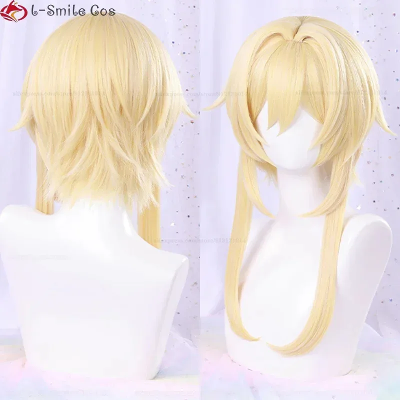 لعبة Genshin تأثير المسافر لومين شعر مستعار تأثيري شعر ذهبي طويل مع دبوس شعر زهرة مقاومة للحرارة الاصطناعية شعر مستعار للحفلات الدعائم