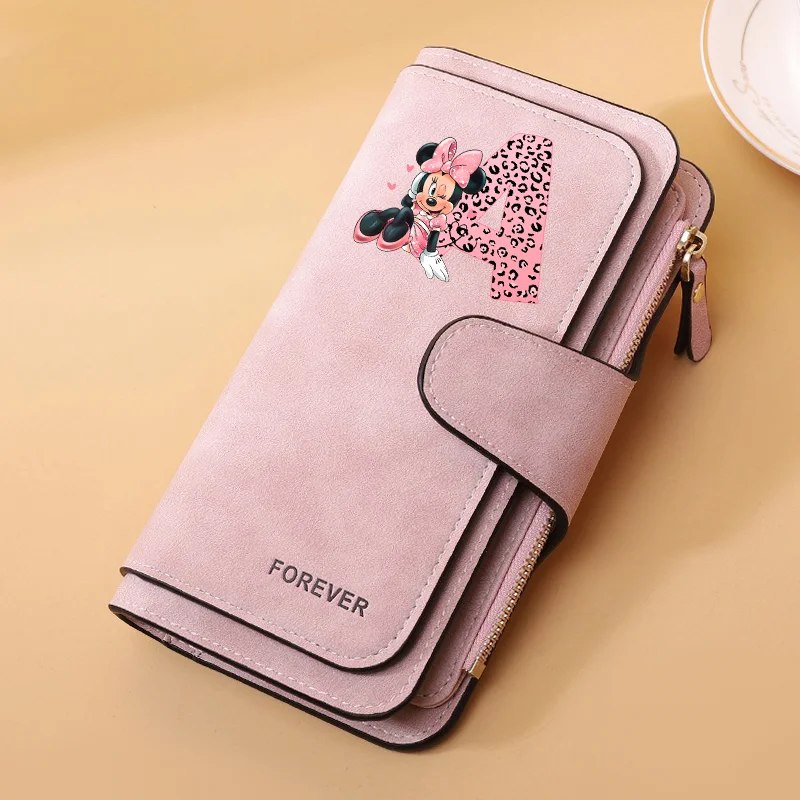 Carteras de mujer con hebilla de letra de Minnie Mouse, carteras largas de cuero de alta calidad con 15 tarjeteros, cartera clásica con cremallera para mujer