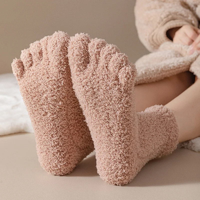 Women Thick Five Toe Socks Winter Warm Fluffy Thermal Socks Soft Coral Fleece Cozy Hosiery Girls Female Floor Slippers Sock