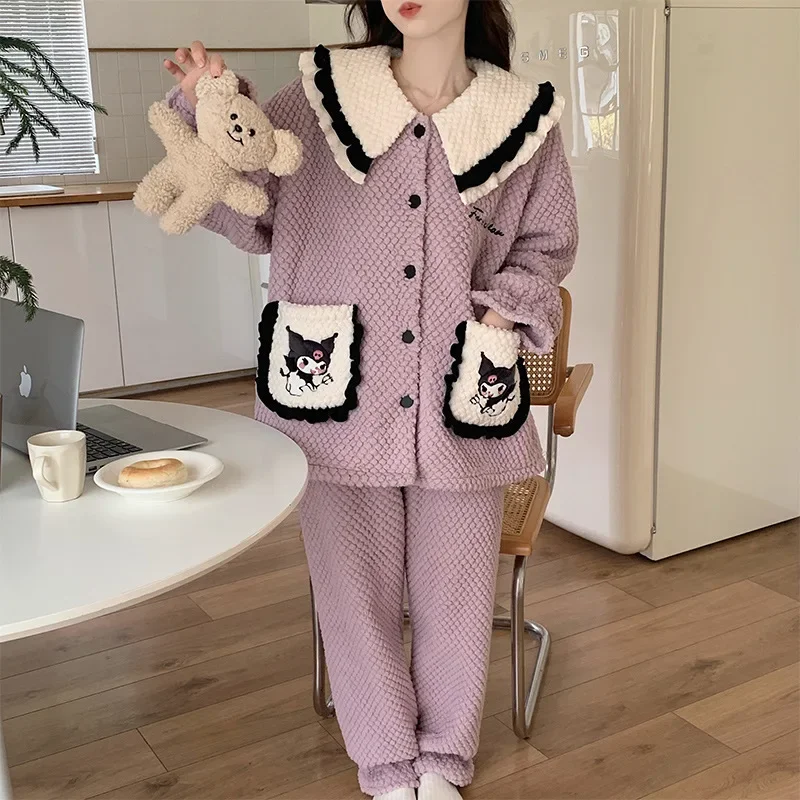 Sanrio pajamas winter lapel warm two-piece set Kulomie loungewear cartoon Sanrio pajamas pants set Kulomie women's pajamas