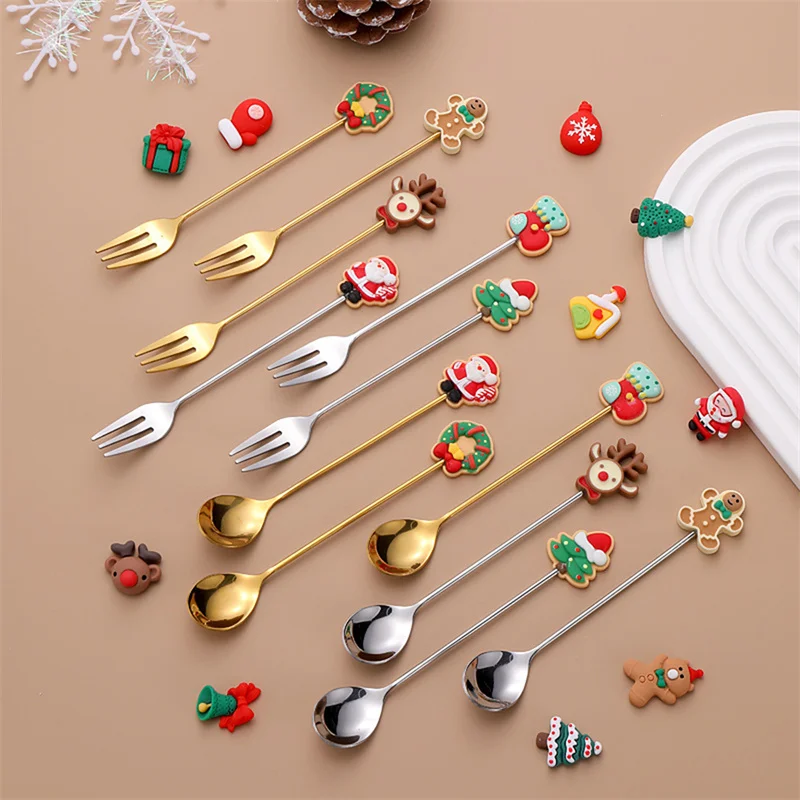 Multiple Styles Christmas Coffee Spoons Fork 2024 Stainless Steel Cute Dessert Spoon New Year Xmas Gifts Fork Spoon With Box