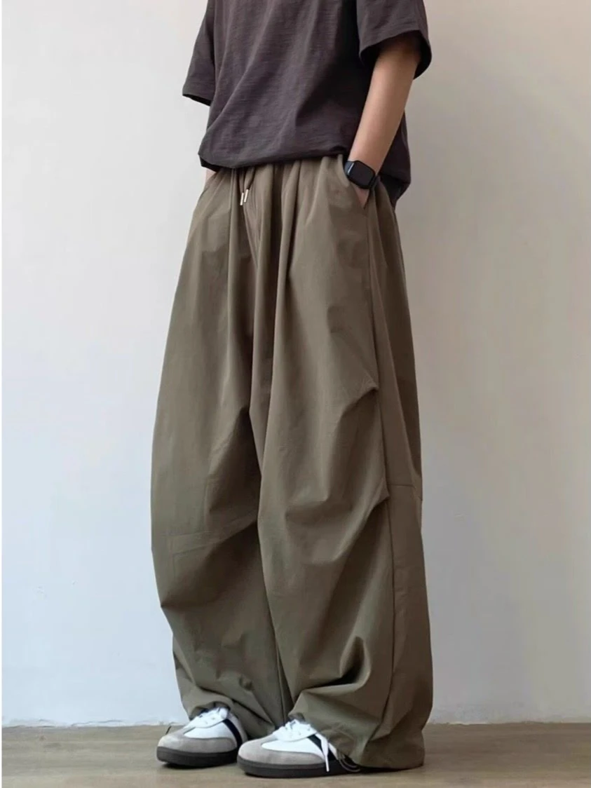 

Summer Japanese Vintage Solid Color Baggy Pleated Oversize Wide-Leg Pants Men Women Straight Elastic Waist Casual Pants