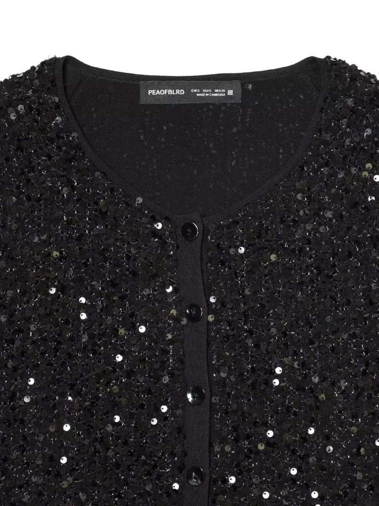 

Black Sequin Short Jacket Chic Women Fashion Round Neck Single Breasted Full Sleeve Loose Jackets 2026 Lady High Street Outwear