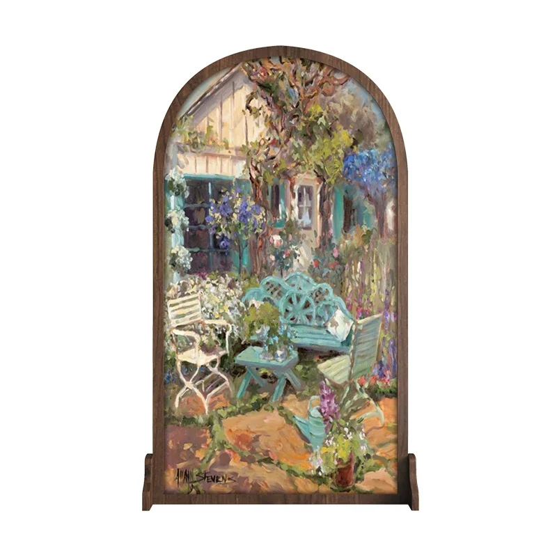 French solid wood mobile screen partition living room entrance pastoral landscape flower abstract oil painting seat screen