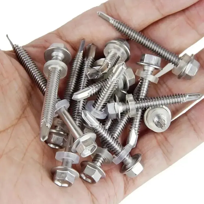 80PCS Tapping Screw Outer Hexagon Washer Head, 410Stainless Steel Plate Tek Screw, With Drilling Point, Outer Hexagon Drive