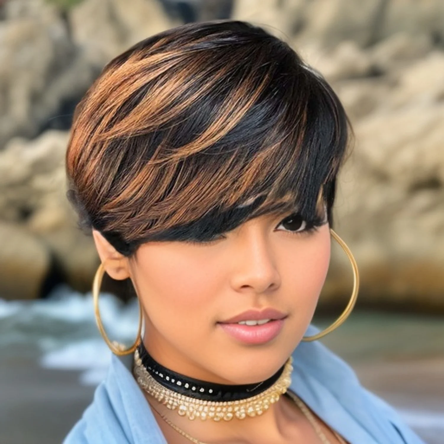 여성용 짧은 픽시컷 가발, 인모 레이어드 풀머신메이드 가발