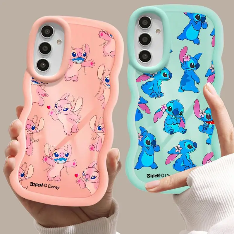 DisneyCute Angel Stitch Luxury Macaron Waves Phone Case for Samsung S24 S23 S22 S21 FE Ultra for Galaxy A50 A05 A04 A02s Cover