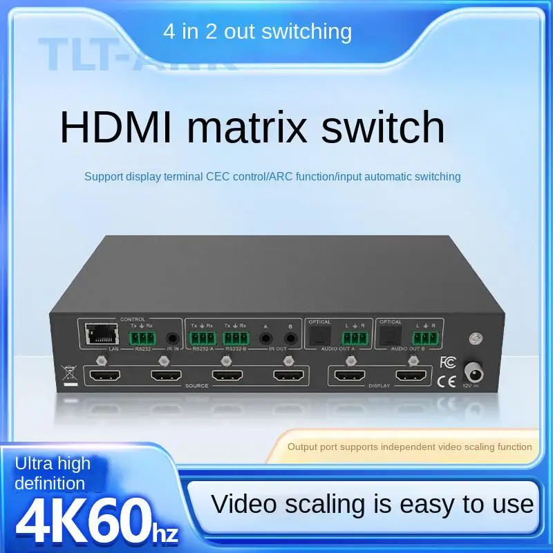 4 In 2 Out HDMI Matrix Switch 4K 60Hz, 4-Port HDMI Matrix with Audio De-embedding for Digital Conference and Surveillance Projec