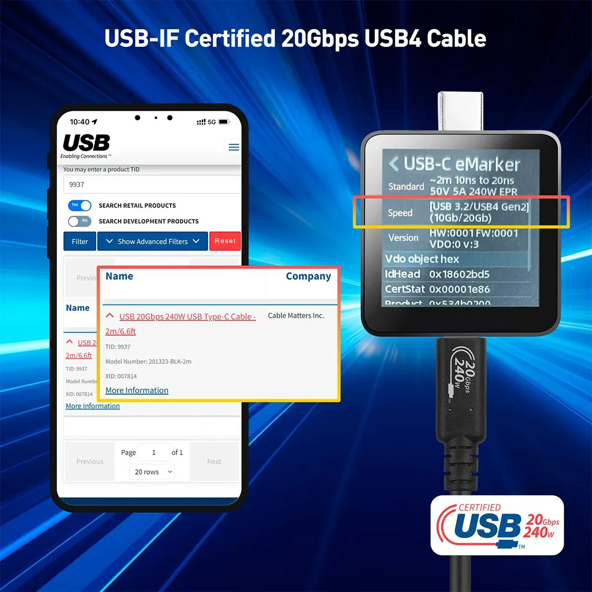 Kabel USB4 40 Gb/s Thunderbolt 4 Typ C 8K 60 Hz 240 W Kabel do szybkiego ładowania Kabel Thunderbolt 3 USB C do USB C Kabel do przesyłania danych do iPhone 15 Pro — zdjęcie produktu 5
