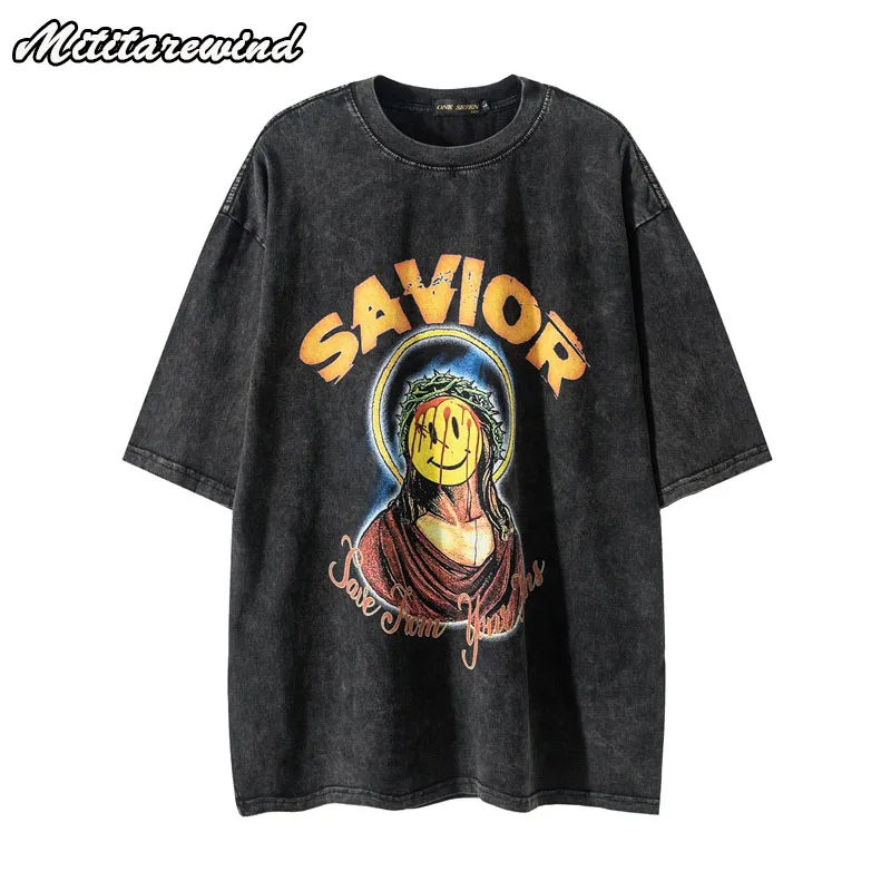 

Summer Creative Smile Print Men's T-Shirts Hip Hop Vintage Retro Loose Couple Clothing Distressed High Street Ins Fashion Tees