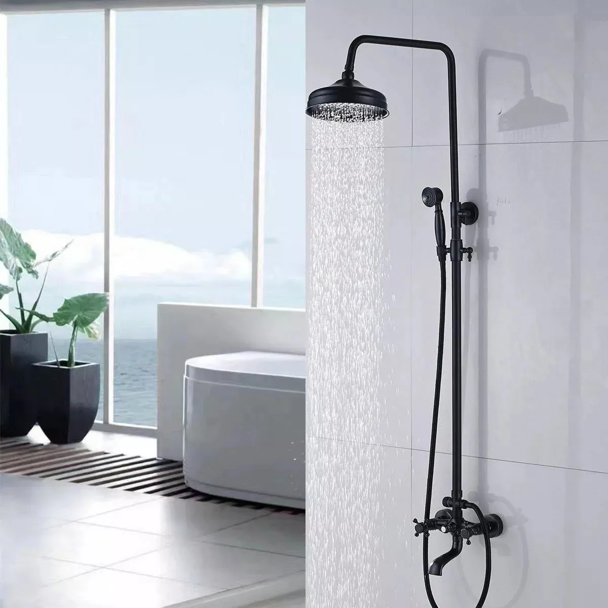 

Black Brass Shower Faucet Set 8"Shower Head with Hand Shower Tub Mixer Tap Nrs021e