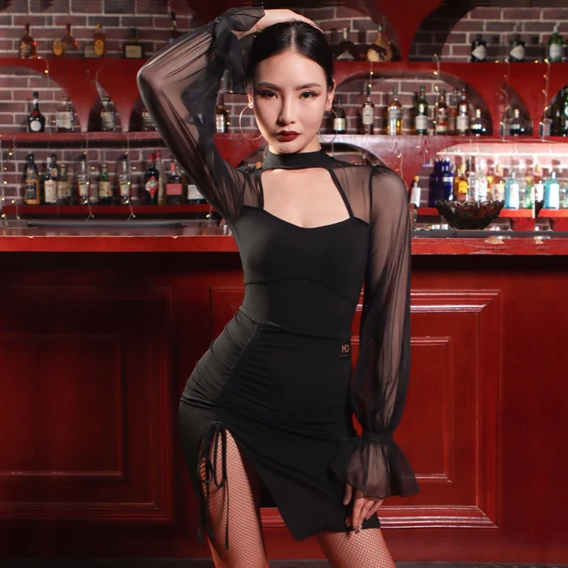 Robe de danse latine personnalisée pour femmes adultes, robes à manches bulles pour femmes, vêtements de compétition standard national