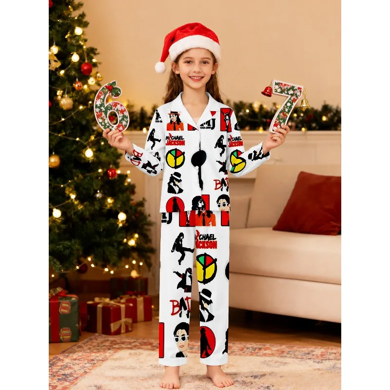 Girls Lapel Pajama Set Long Sleeve Nightwear, Assorted MJ Cartoon Portrait Prints, Perfect Birthday Xmas Gift