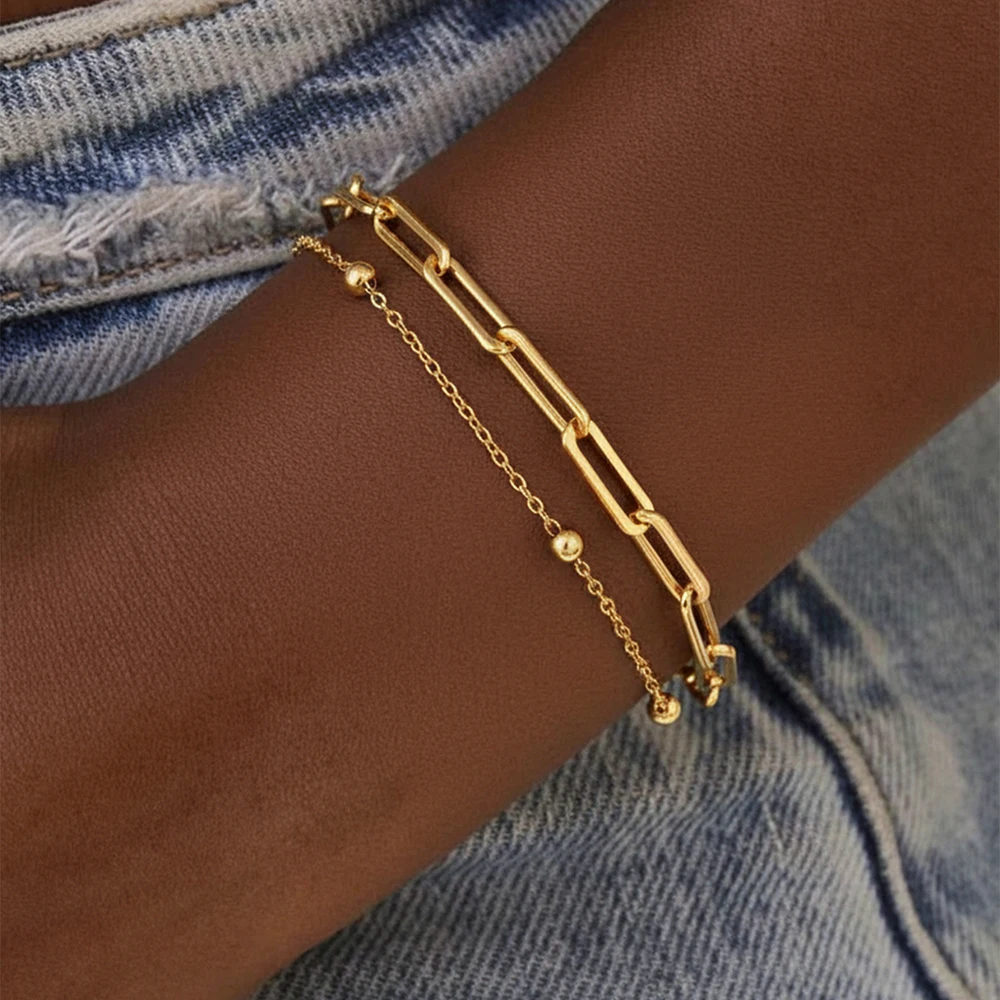 2pcs Dainty Gold Stackable Bracelet, Paperclip Chain & Ball Bead Chain, Minimalist Style, Women’s Everyday & Party Jewelry Gift