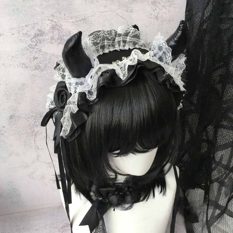 652F Devil Horn Headband Headpiece Gothic Lace Hairband Gothic Costume Accessories For Women Halloween Cosplay Music Festival