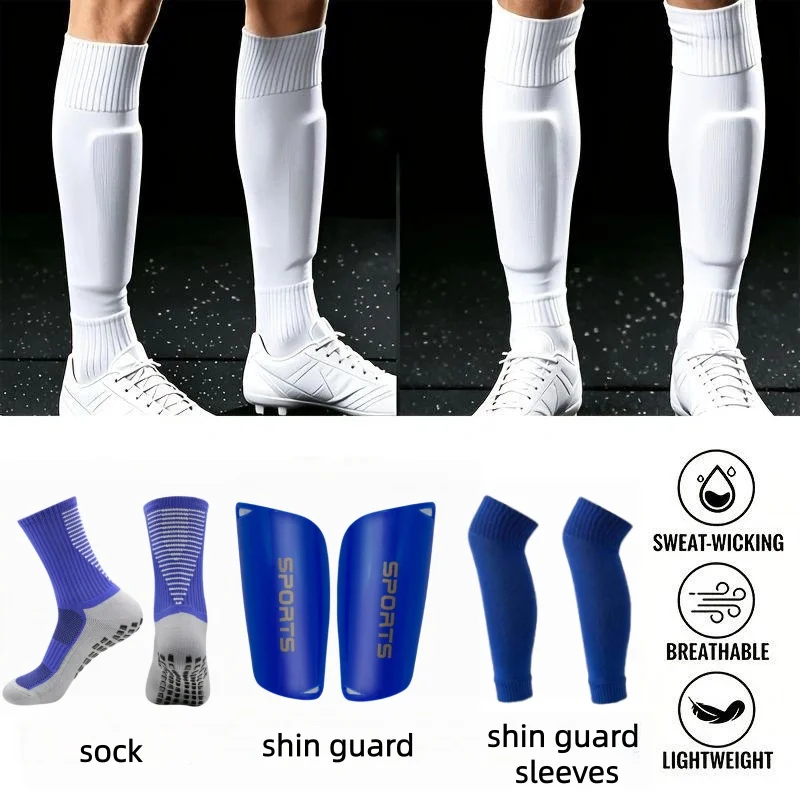 Football Shin Guard 3Pcs Set Anti-slip Grip Soccer Socks Shin Guard Sleeves Breathable Sports Leg Protector for Training
