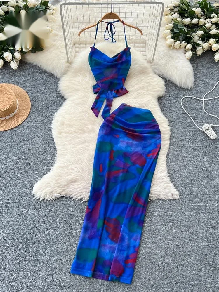 

Сексуальные комплекты American Ins, мини-топы с открытой спиной и лямкой на шее + длинная облегающая юбка, женские костюмы из двух предметов с пляжным принтом и принтом тай-дай