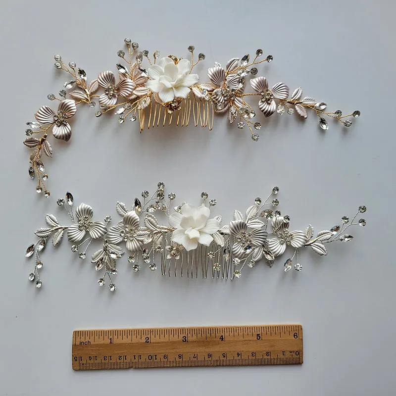 SLBRIDAL Handmade Ins Style Ceramic Flower Leaf Rhinestones Pearl Bridal Hair Comb Wedding Headband Hair Accessory Women Jewelry