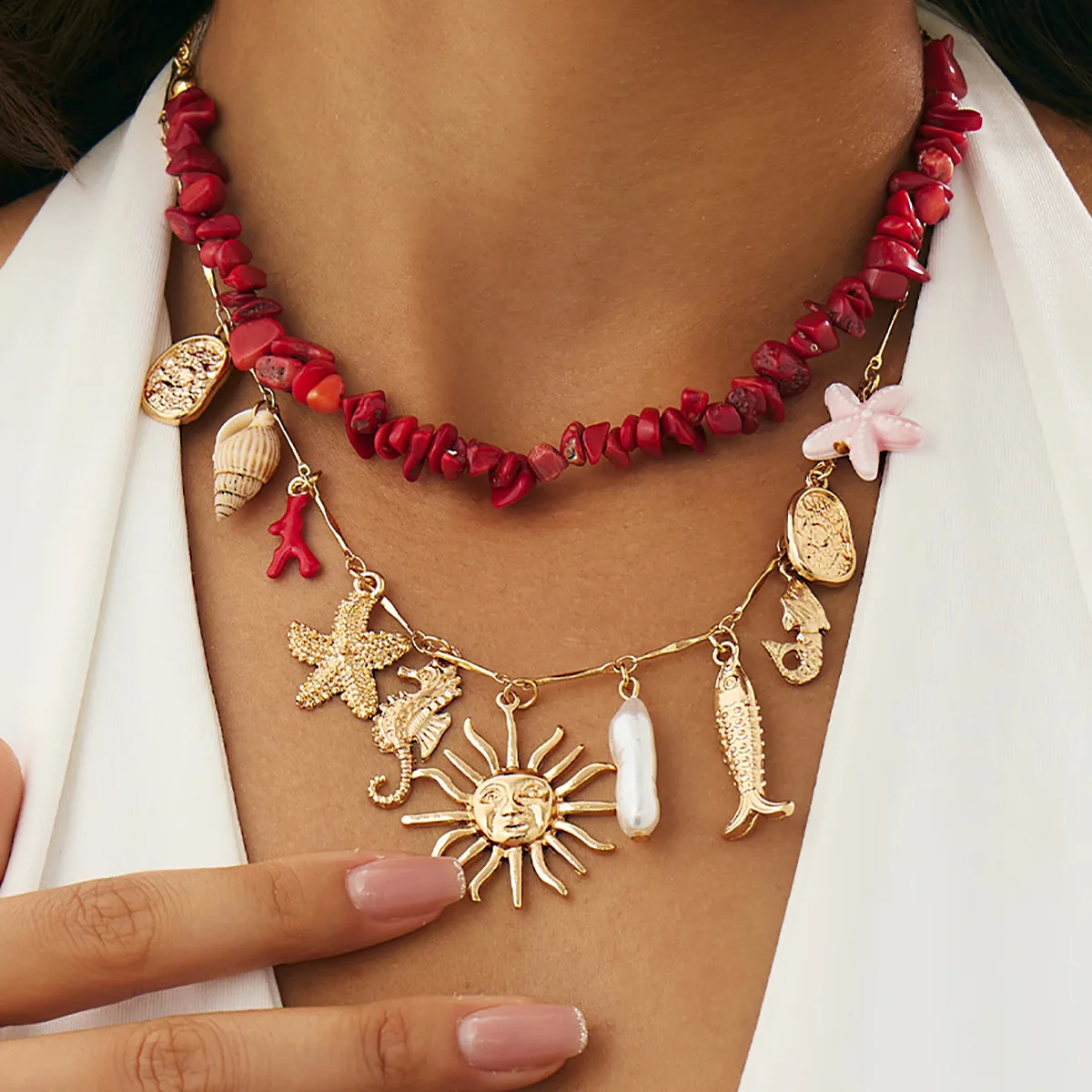 Choker Starfish Seahorse Pendant with Irregular Natural Stone Beads and Sturdy Gold Chain for Women Beach Vacation Daily Jewelry