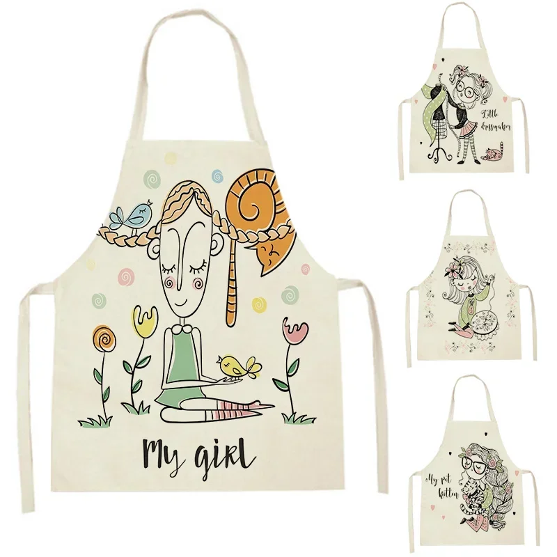 Women's Cute Kids Apron Sleeveless Manga Girl Apron Home Cooking Baking Apron Linen Stain Resistant Kitchen Cleaning Tool