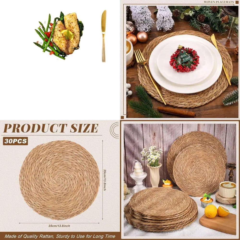 

Natural Woven Round Placemats 13.8 Inch for Boho Rattan Dinner Plates, Ideal for Rustic Wicker Braided Table Decor, Perfect for