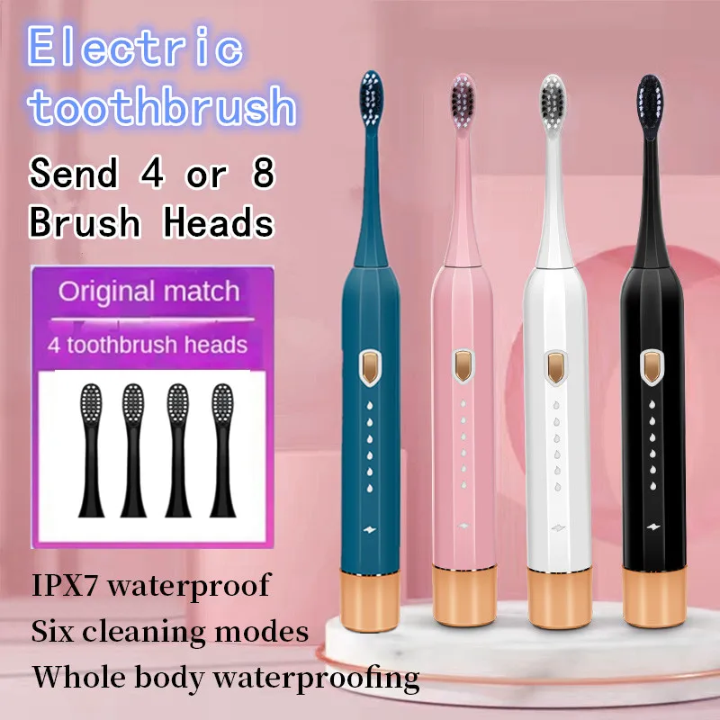 Ultrasonic Electric Toothbrush for Adults Timer Teeth Automatic Vibrator Sonic Brush Whitening IPX7 Waterproof 4 Brush Heads