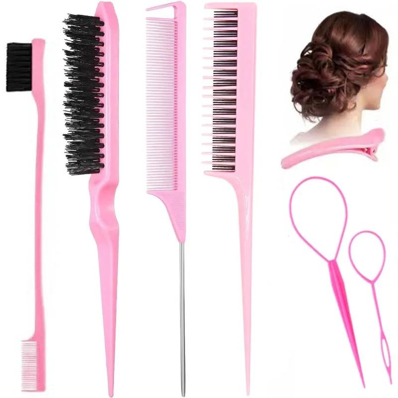 9PCS Hair Styling Comb Set Teasing Hair Brush Triple Teasing Combs Rat Tail Combs Edge Brush Hair Clips Barber Hairdressing Tool