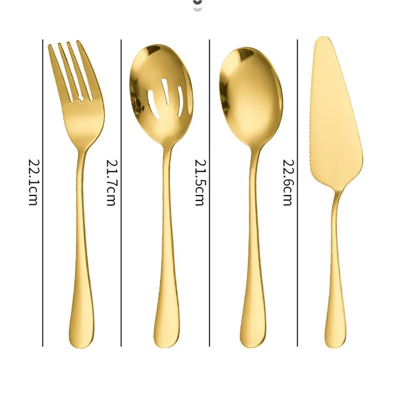 5Pcs Golden Thicken Stainless Steel Public Cutlery Set Western Service Spoon Colander Fork Cake Shovel Tongs Kitchen Tableware