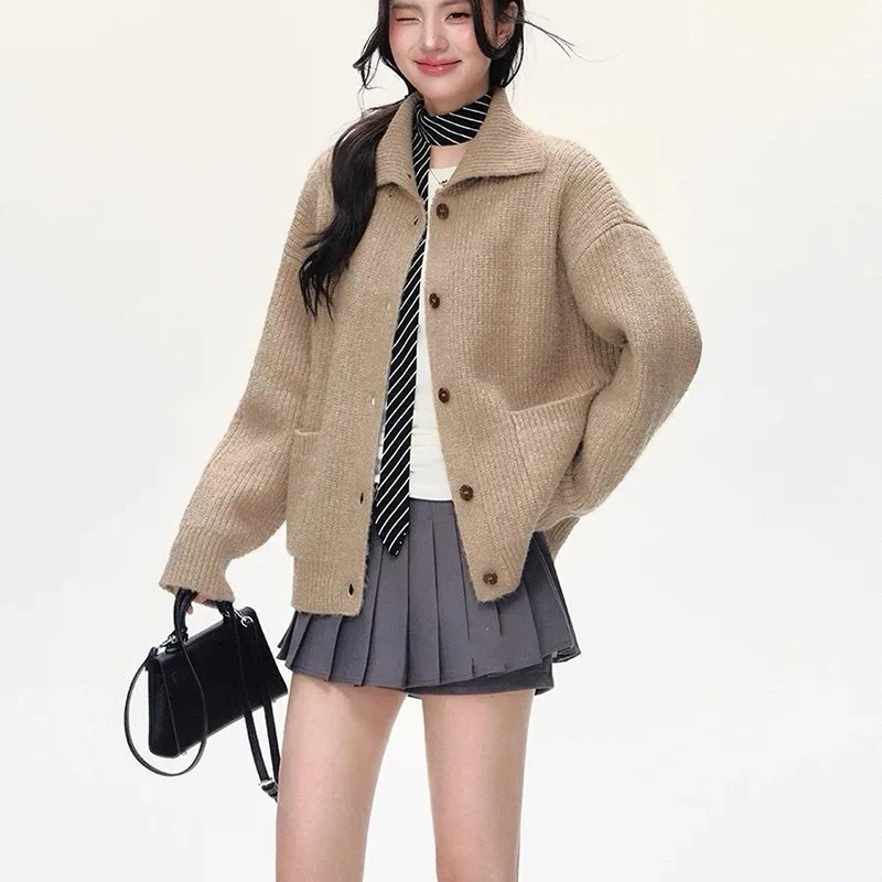 

Lazy Wind Knit Cardigan Women Loose Casual Simple Button Long Sleeve Sweater Autumn Winter Preppy All Match Pocket Student Tops