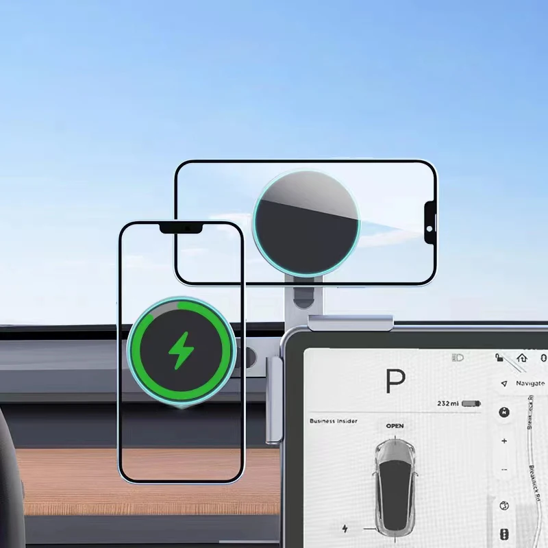 

Soporte de teléfono para coche, cargador inalámbrico plegable magnético de 15W para BYD Tesla Model 3 Y X S Magsafe