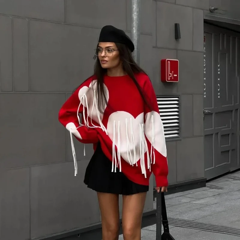 

Lazy style Loose Fitting Pullover Fashionable Heart Patterned Tassel Sweater