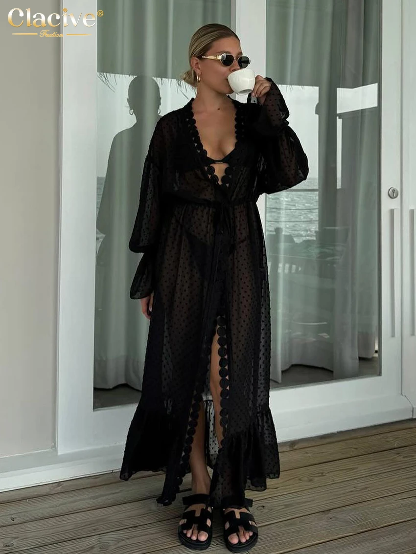 

Clacive Sexy Loose Black Womens Dresses Fashion V-Neck Long Sleeve Ankle Length Dress Elegant Classic See Through Female Dress