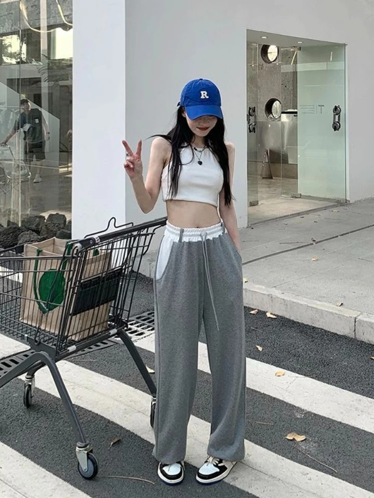Women Vintage Gray Wide Leg Sweatpants Fall High Waist Loose Thin Drape Casual Pants Ins Trendy Athletic Trousers