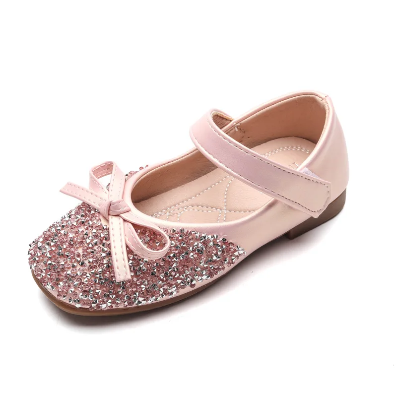 Kids Leather Shoe Spring Autumn Elegant Girls Party Shoes Fashion Sequins Bowtie Children Princess Shoes for Wedding Shallow