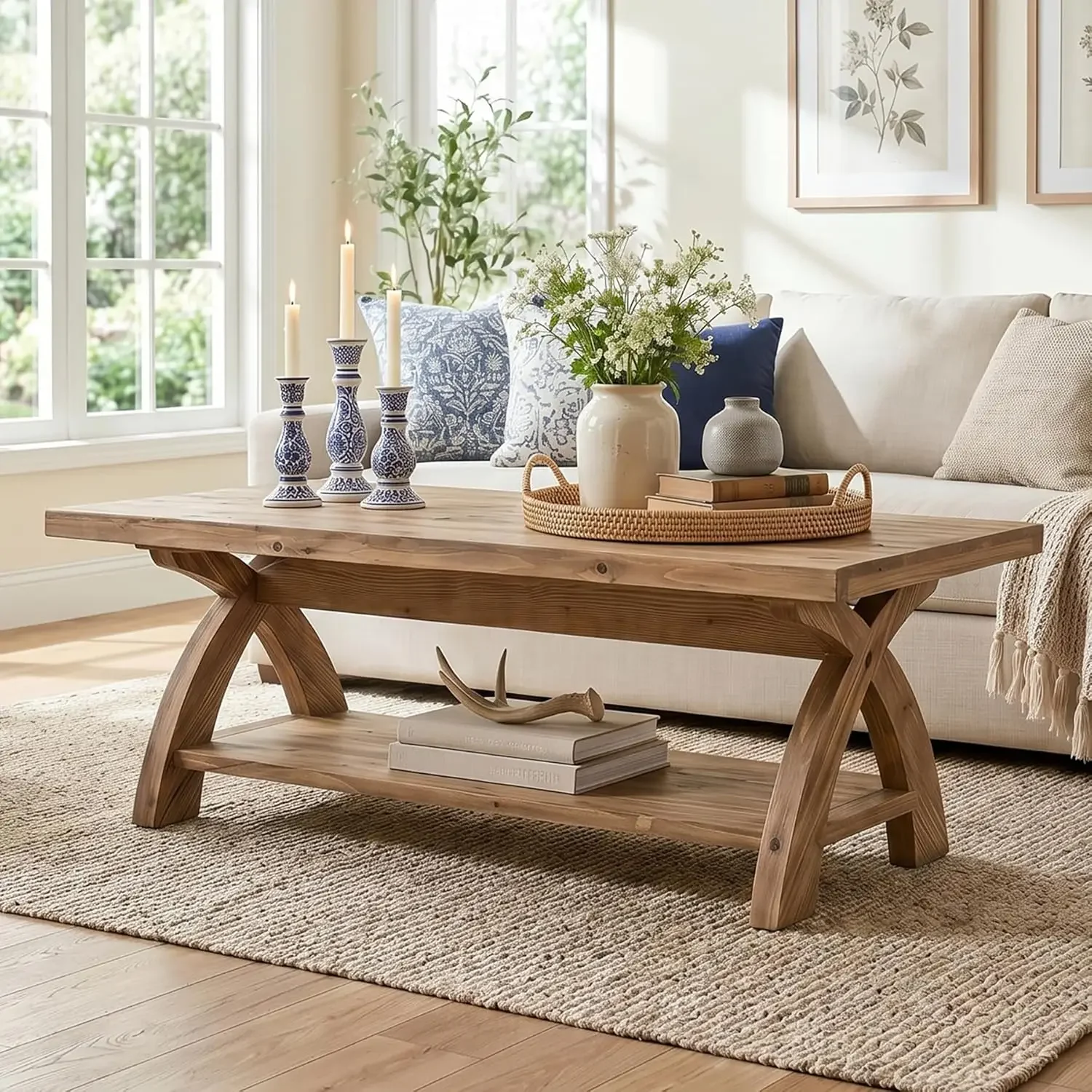 Solid Wood Coffee Table with Storage Shelf, Farmhouse Rectangular Center Table with X-Shaped Legs, Industrial Accent Cocktail Ta