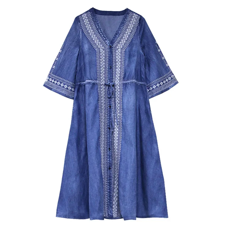 Robe Maxi en Denim Décontractée à Demi-Manches pour Femme, Broderie Vintage de Fleurs, Style Bohème, Bleu, Style Ethnique, Taille Corde, Été