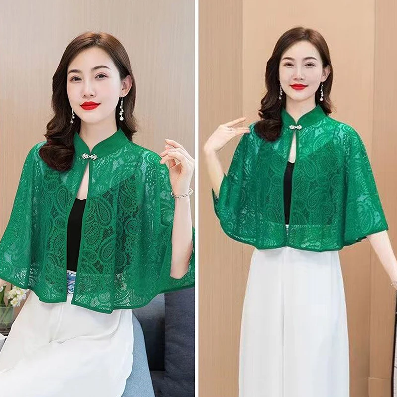 Women Lace False Collar Cape with Half Sleeves Thin Knit Shawl Spring Summer All Match Dressy Cover Up Shoulder Poncho Outwear