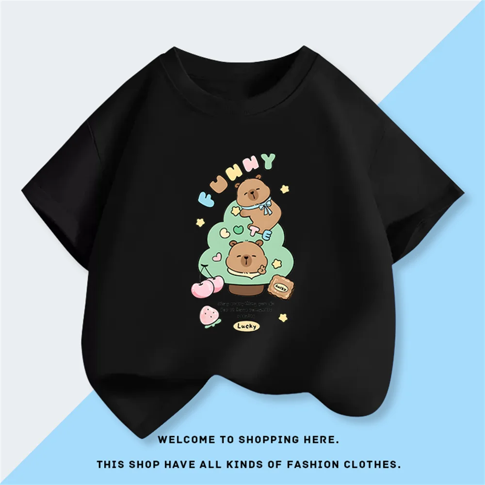 

Capybara children's printed T-shirts, pure cotton O-neck short-sleeved tops, parent-child wear, boys and girls small, medium and