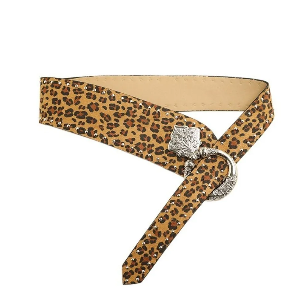 New PU Leather Leopard Print Belt Retro Casual Wide Belt Metal Pin Buckle Waist Strap Women
