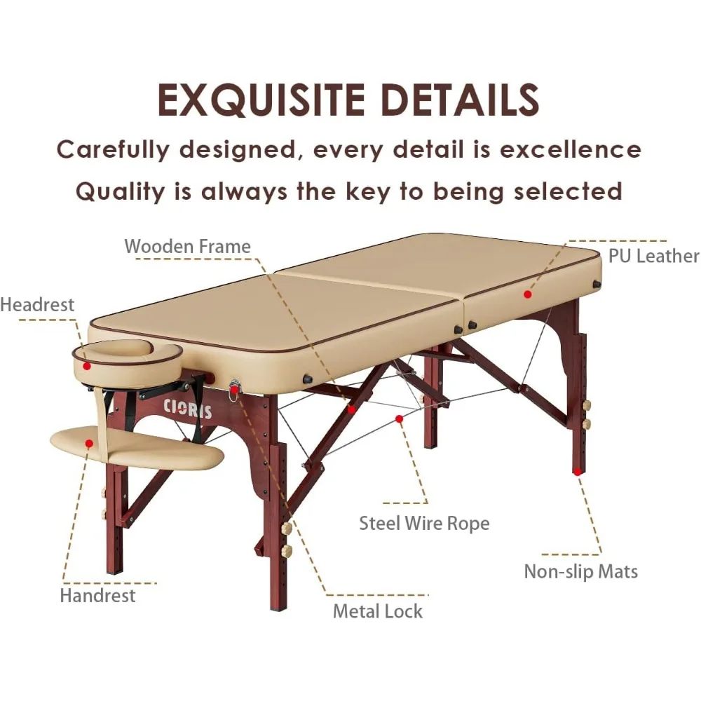 CLORIS-Table de Énergie Professionnelle Portable, Pieds en Bois Renforcé, Supporte jusqu'à 1100LBS, 2 Pliables, Légères, Spa, Tatouage Solon, 84"