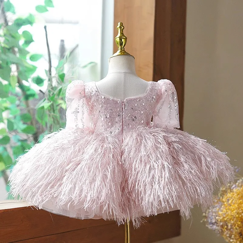 Girl\'s bow long sleeved princess dress Ages 1-8 Fashionable sequin tassel mesh dress carnival birthday flower girl performance