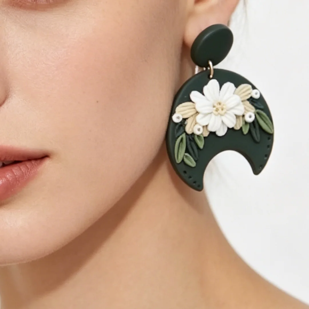 Handcrafted Floral Polymer Clay Earrings Wreath & Crescent Unique Artsy Flower Statement Dangles Lightweight Clay Art Jewelry