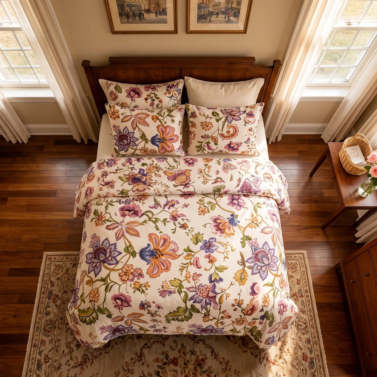 Vintage Retro Botanical Flower Duvet Cover Set 100% Cotton Bedding Set 3Pcs Includes Duvet Cover & 2Pillowcases, MultiSizes