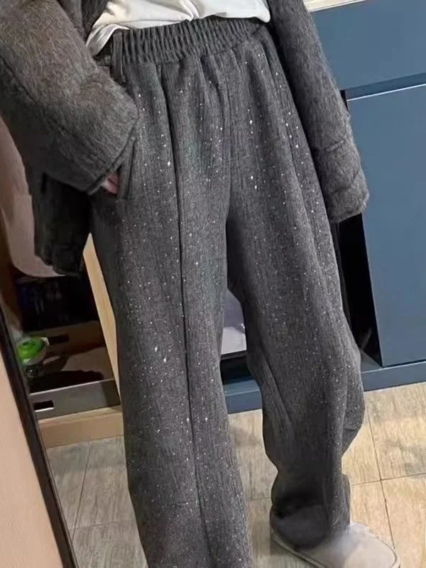 

plus Size High Waist Thiened Fce Wide Leg Pants Women's Loose Fit Straight Cut Trousers Comfortable Casual High Waist Pants