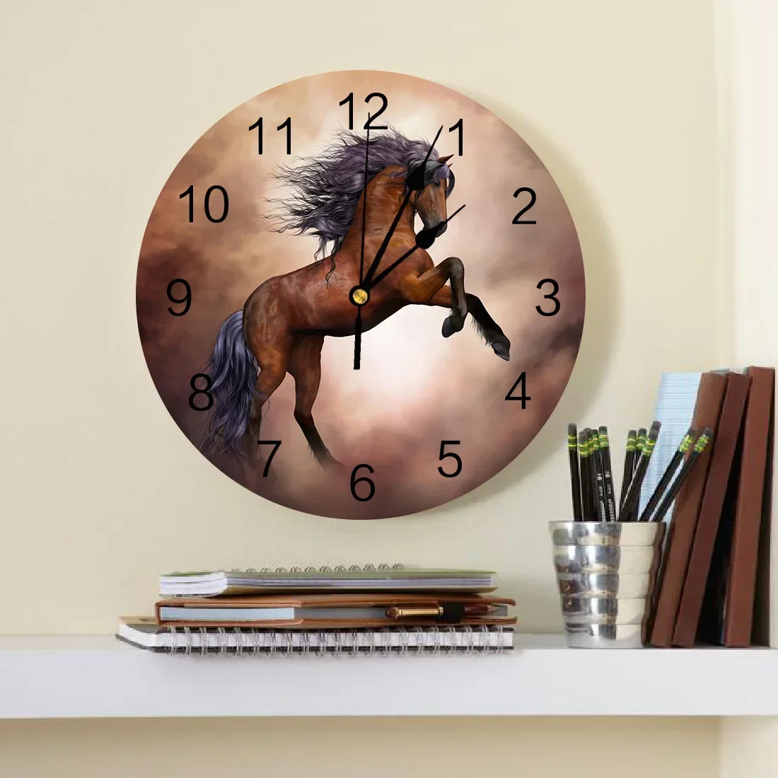 Running Galloping Horse Brown Animal Decorative Round Wall Clock Custom Design Non Ticking Silent Bedrooms Large Wall Clock